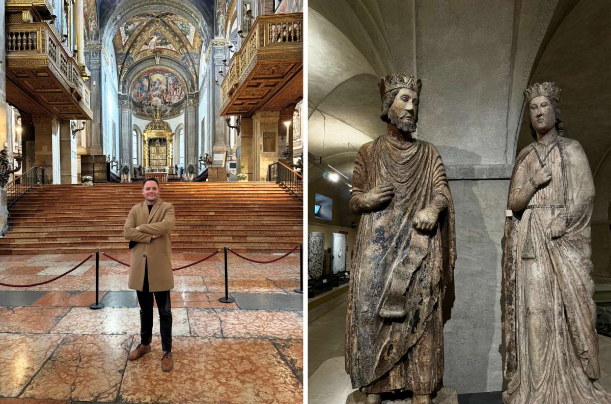 a man in the Parma Cathedral beneath frescoed ceilings; two statues of crowned figures in the Parma Baptistery museum, both top things to do in Emilia Romagna, Italy photo by Next Level of Travel