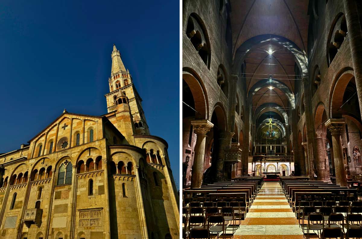 Exterior and interior of the Duomo di Modena, Italy, featuring the Ghirlandina Tower and Romanesque arches, photo by Next Level of Travel