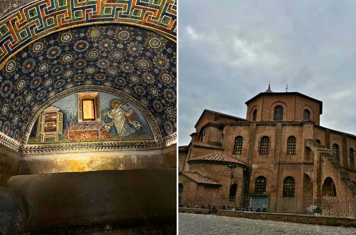 Interior mosaic of starry ceiling and Christ in Mausoleo di Galla Placidia; exterior of brick octagonal structure, photo by Next Level of Travel 