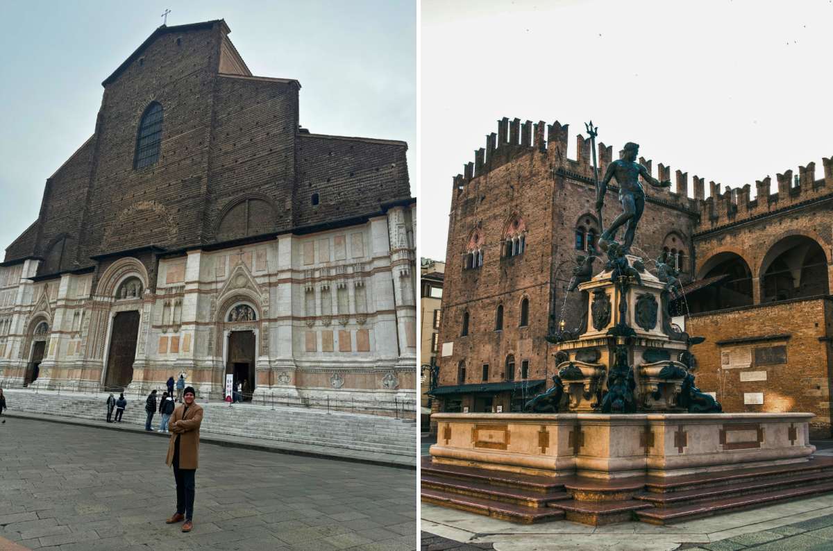 Male tourist posing in front of Basilica di San Petronio Piazza Maggiore, and Neptune’s Fountain on in Bologna, Italy, photo by Next Level of Travel