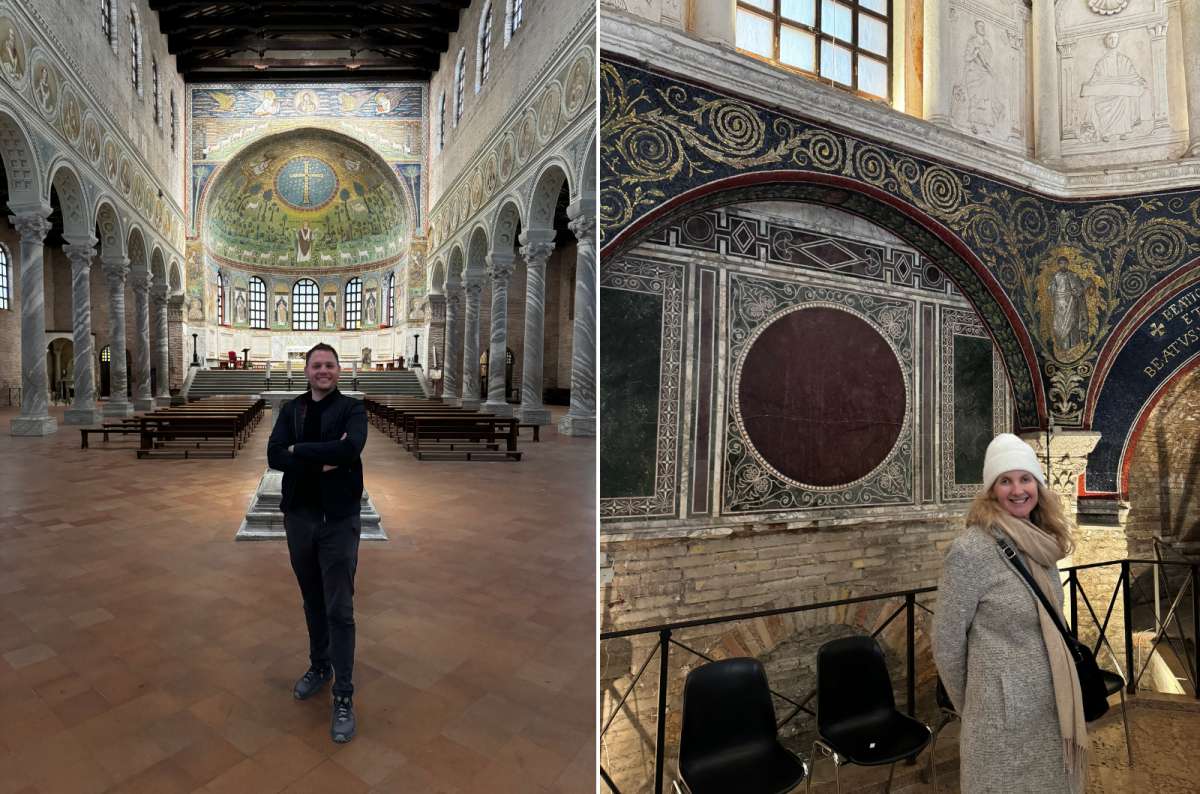 Man standing inside Basilica of Sant'Apollinare in Classe with vibrant apse mosaics; woman smiling in front of detailed early Christian mosaics in Ravenna's mausoleum, photo by Next Level of Travel