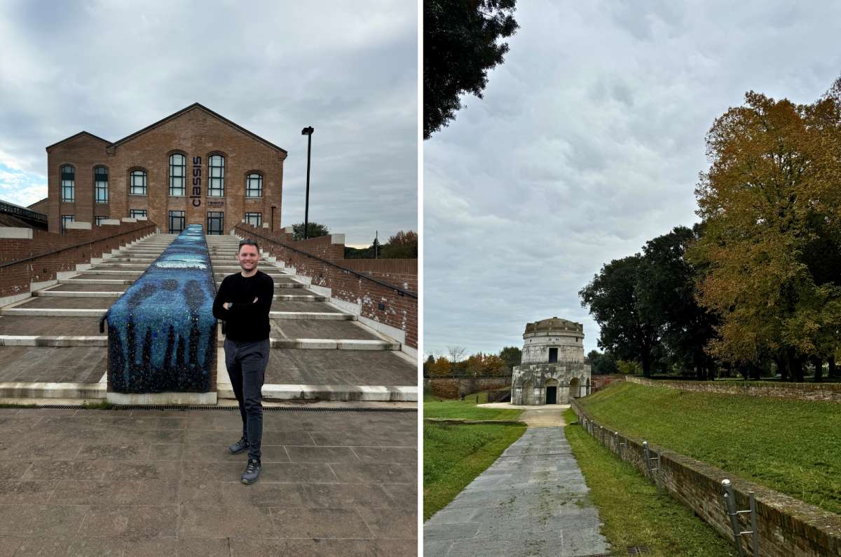Man standing on mosaic-tiled steps outside the Classis Ravenna Museum, and view of the round white stone Mausoleum of Theoderic, Italy, photo by Next Level of Travel