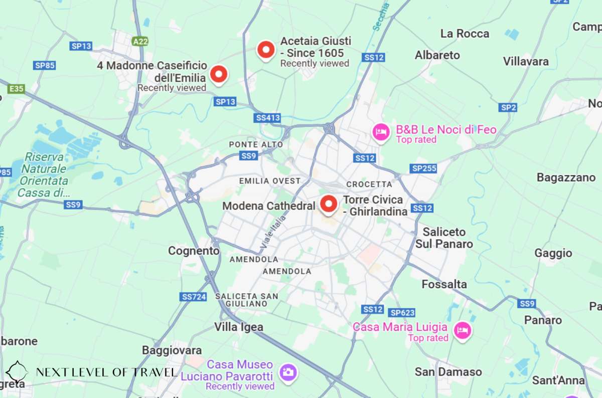 Map highlighting cultural landmarks around Modena, Italy, including Modena Cathedral, Torre Civica Ghirlandina, created by Next Level of Travel