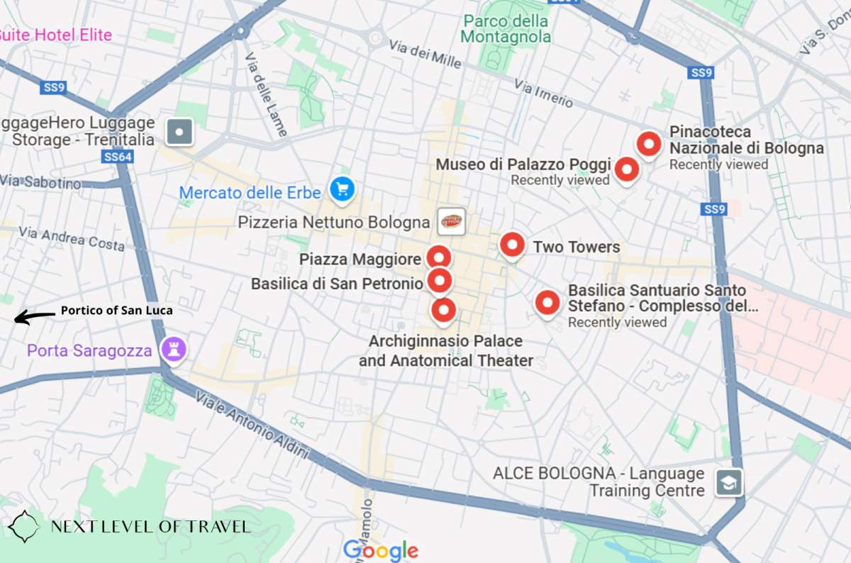 Map of central Bologna, Italy, showing key landmarks such as Piazza Maggiore, Basilica di San Petronio, Two Towers, created by Next Level of Travel