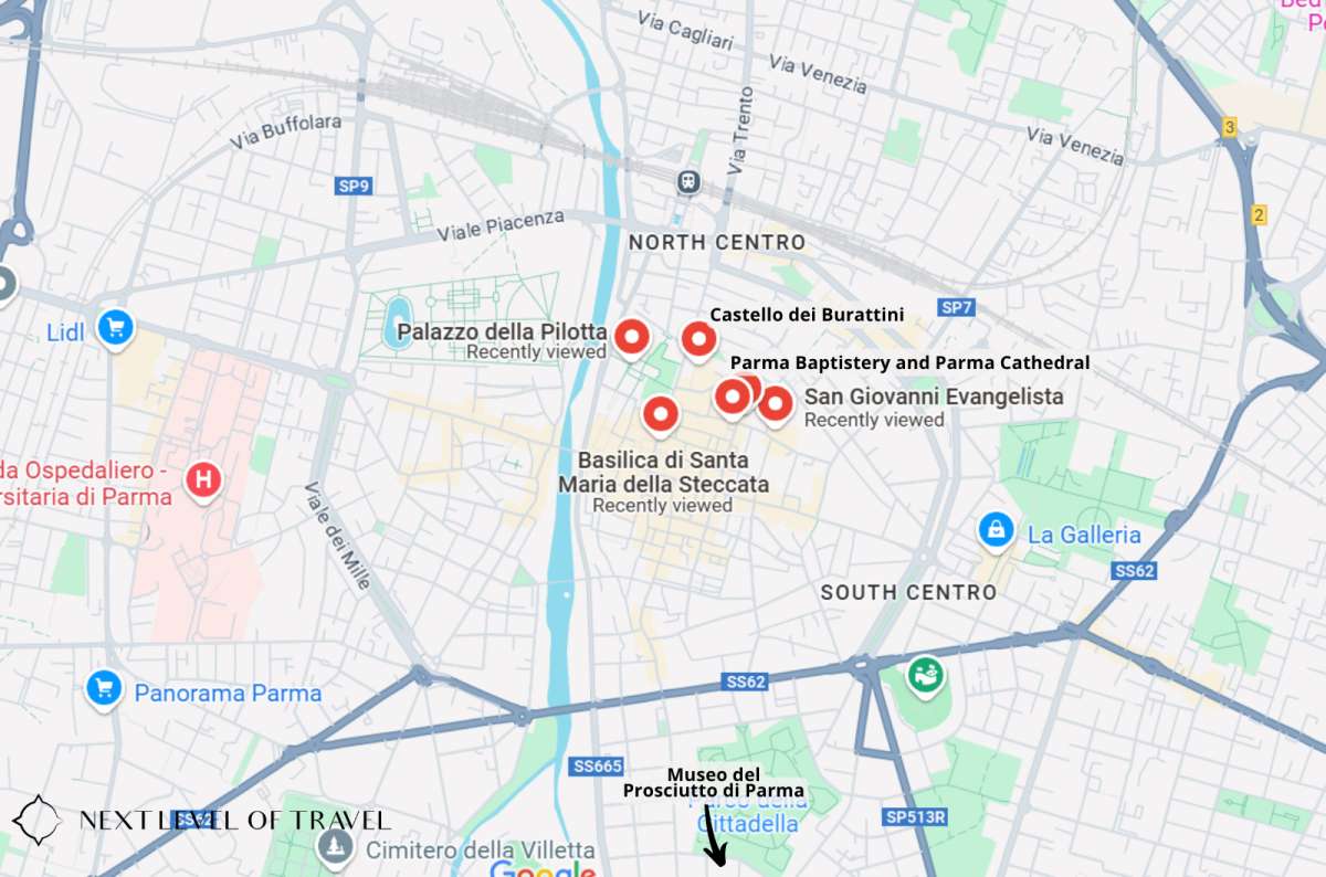 Map of central Parma, Italy, highlighting major cultural and historical landmarks including the Palazzo della Pilotta, Parma Baptistery, Parma Cathedral, created by Next Level of Travel