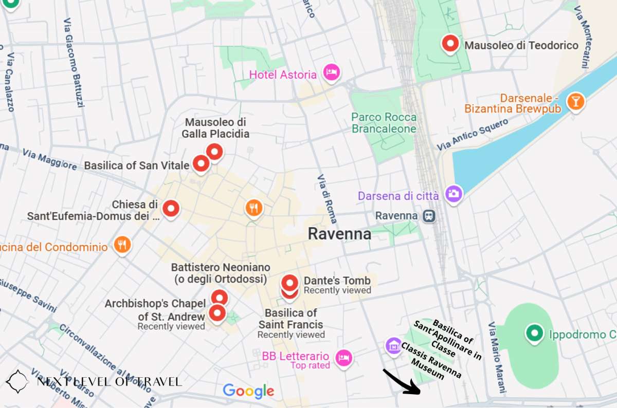 Map of Ravenna, Italy, showing major historical and cultural sites including Basilica of San Vitale, Mausoleo di Galla Placidia, Battistero Neoniano, created by Next Level of Travel