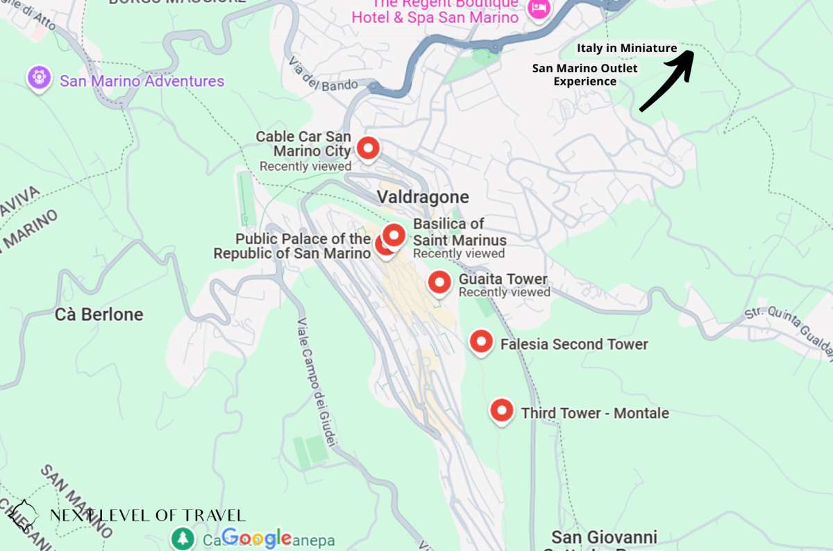 Map of San Marino highlighting key attractions including the Guaita Tower, Second Tower (Falesia), Third Tower (Montale), Basilica of Saint Marinus, created by Next Level of Travel