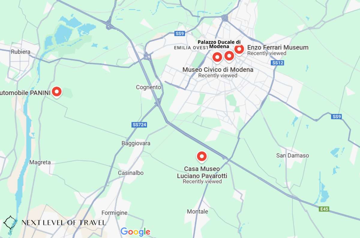 Map showing several landmarks and museums near Modena, Italy, including Casa Museo Luciano Pavarotti, Museo Civico di Modena, created by Next Level of Travel
