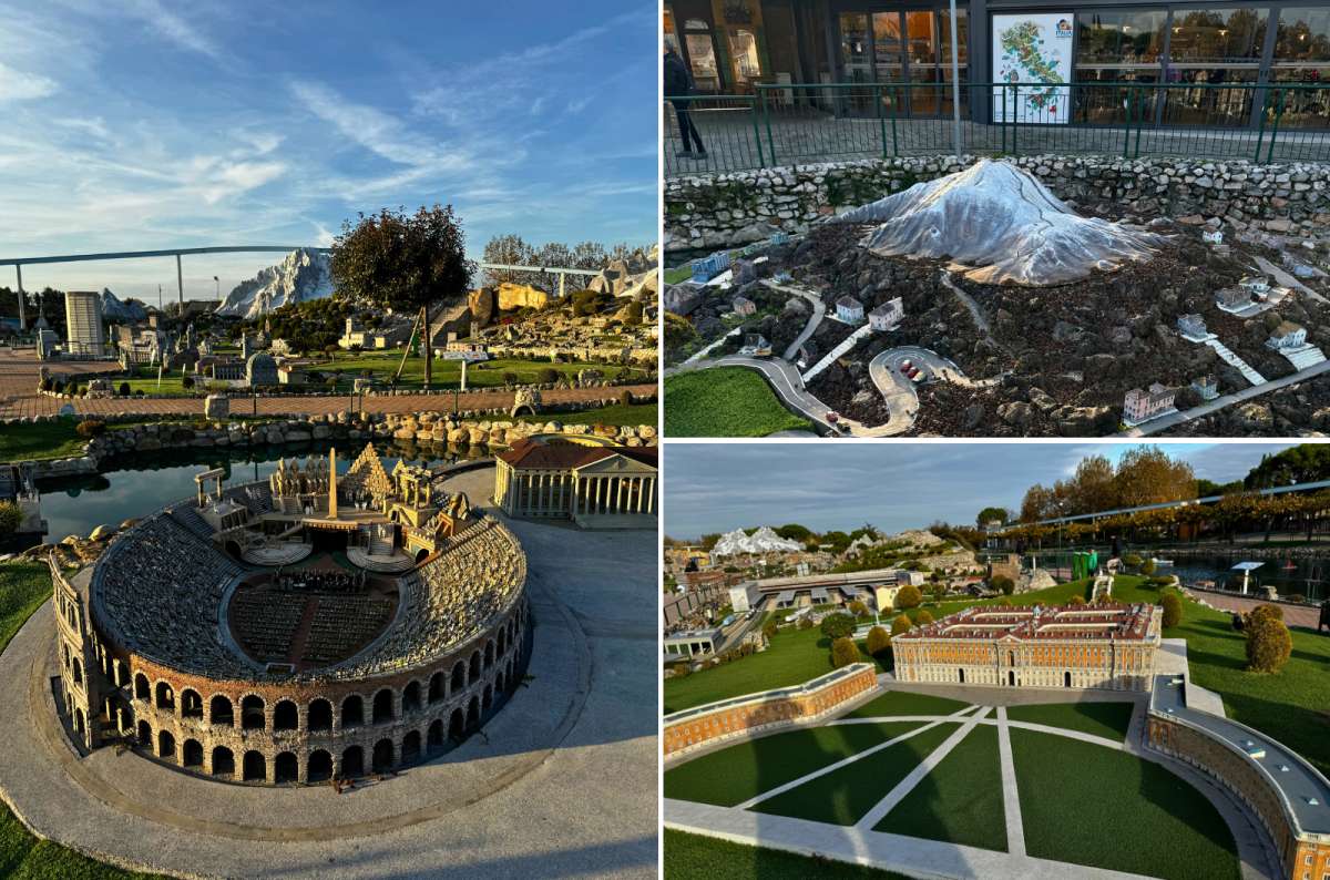 Miniature models of Verona Arena, Mount Vesuvius, and Royal Palace of Caserta at Italia in Miniatura near Rimini, Italy, photo by Next Level of Travel