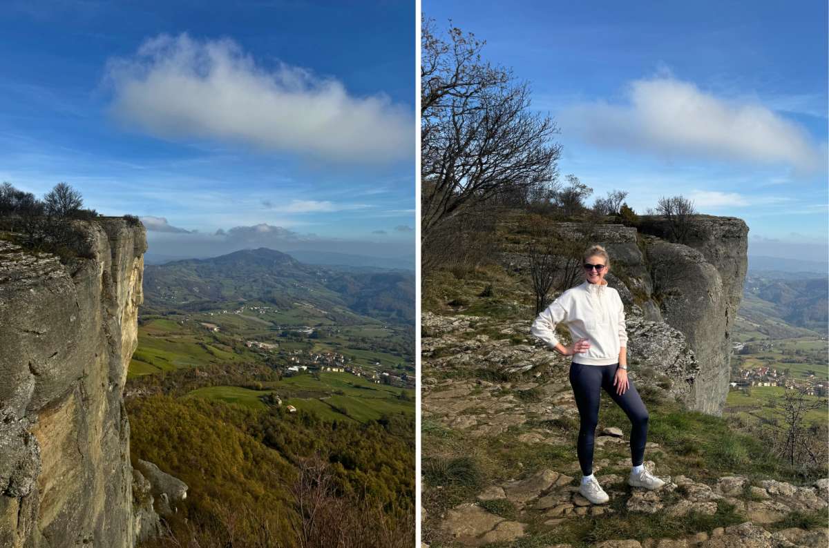 Panoramic views and a hiker standing near the cliff edge at Pietra di Bismantova, Italy, hiking in Italy’s Apennines, photo by Next Level of Travel
