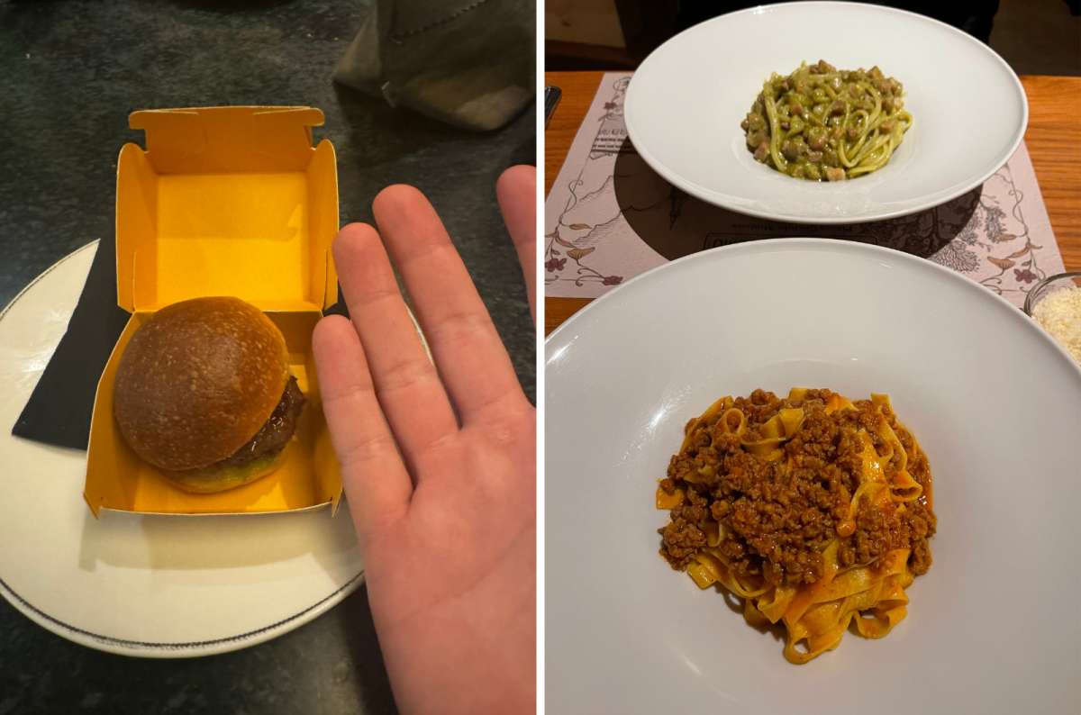 Side-by-side image of two meals in Modena, Italy: on the left, a tiny gourmet burger served at Franceschetta58 ; on the right, traditional pasta dishes served at Al Duomo, photo by Next Level of Travel