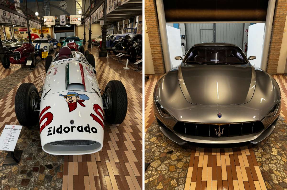 Side-by-side images from the Panini Motor Museum, Modena, Italy a vintage Maserati race car with 