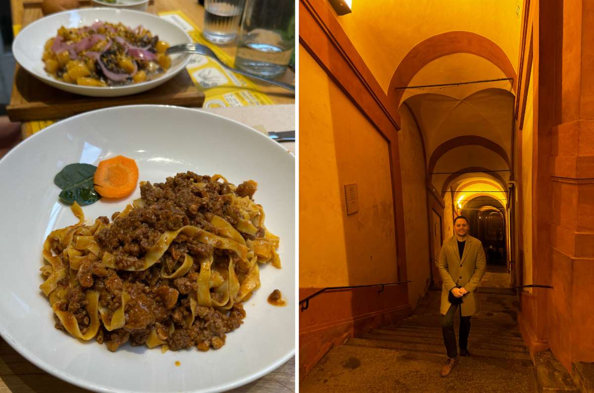 Tagliatelle al ragù and Bologna’s portico-covered staircase at night, Bologna, Italy, photo by Next Level of Travel
