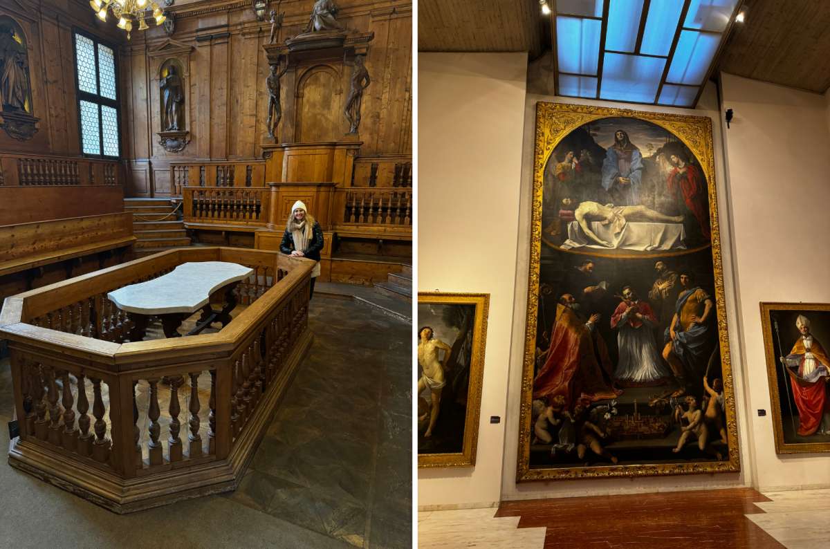 The historic wooden Anatomical Theater of the Archiginnasio, and a religious painting at the Pinacoteca Nazionale, Bologna, Italy, photo by Next Level of Travel