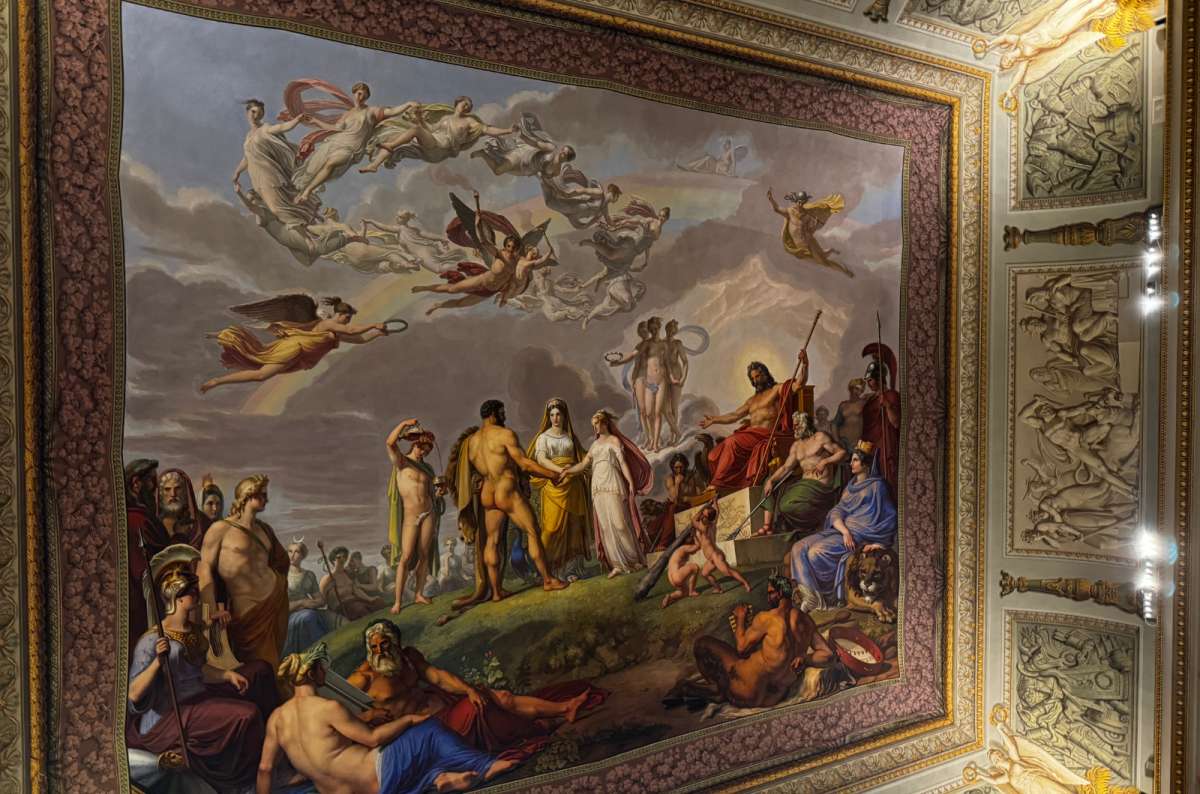 Ceiling fresco depicting mythological figures in the Palatine Gallery, Palazzo Pitti, Florence, Italy, photo by Next Level of Travel