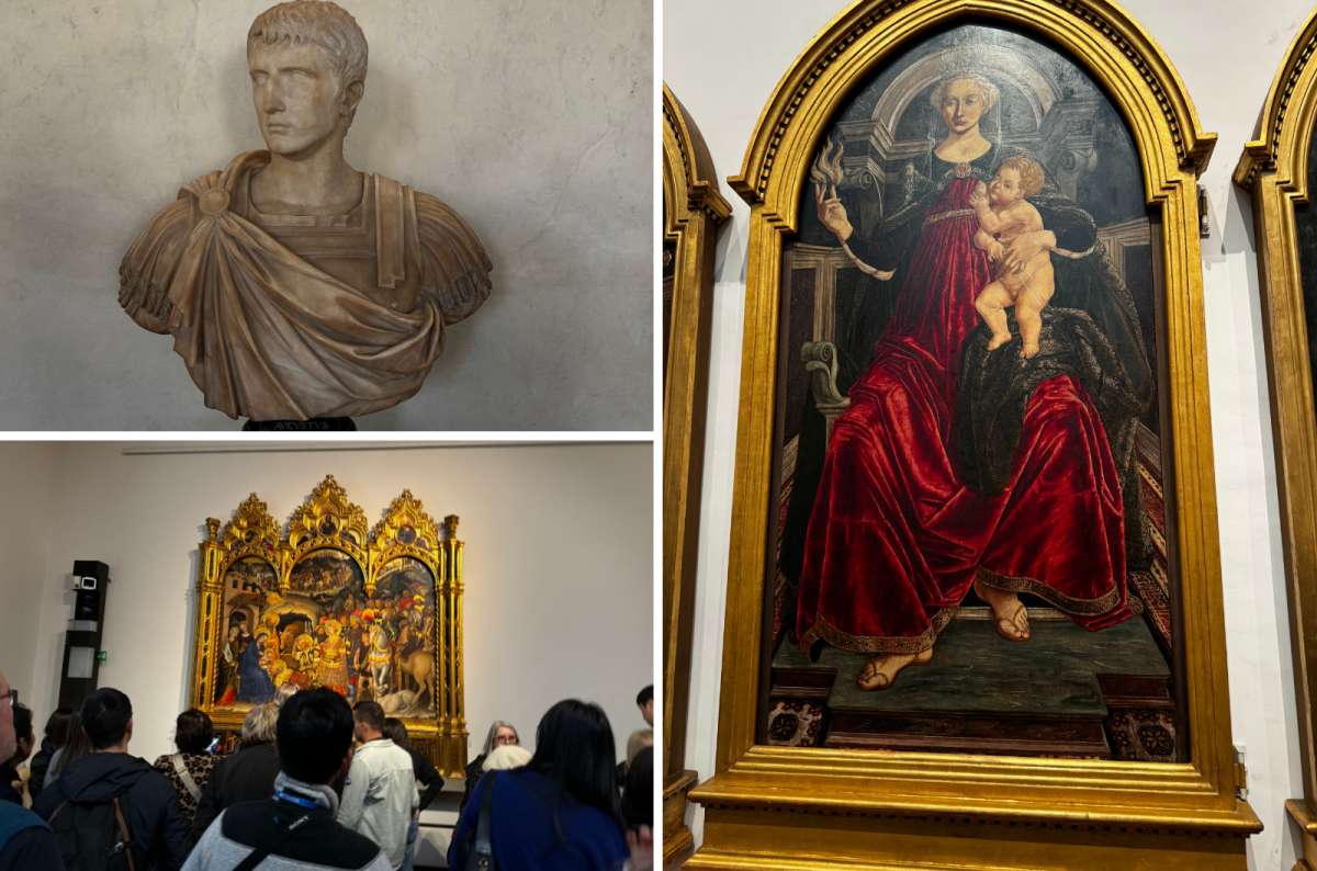 Collage of artworks inside the Uffizi Gallery in Florence, Italy a marble bust of Augustus, a painting of the Madonna and Child, a golden altarpiece, photo by Next Level of Travel