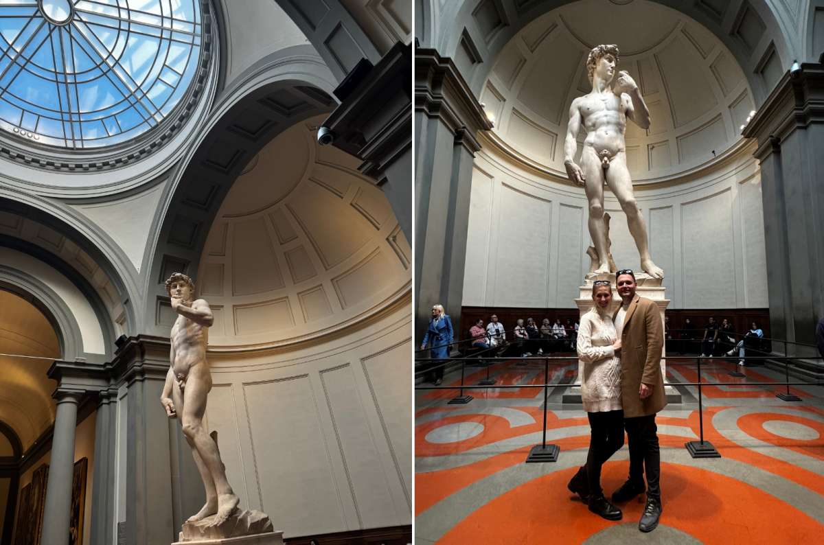 Collage of Michelangelo’s David under the Grand Tribune skylight and the surrounding hall in Galleria dell’Accademia, Florence, Italy, photo by Next Level of Travel