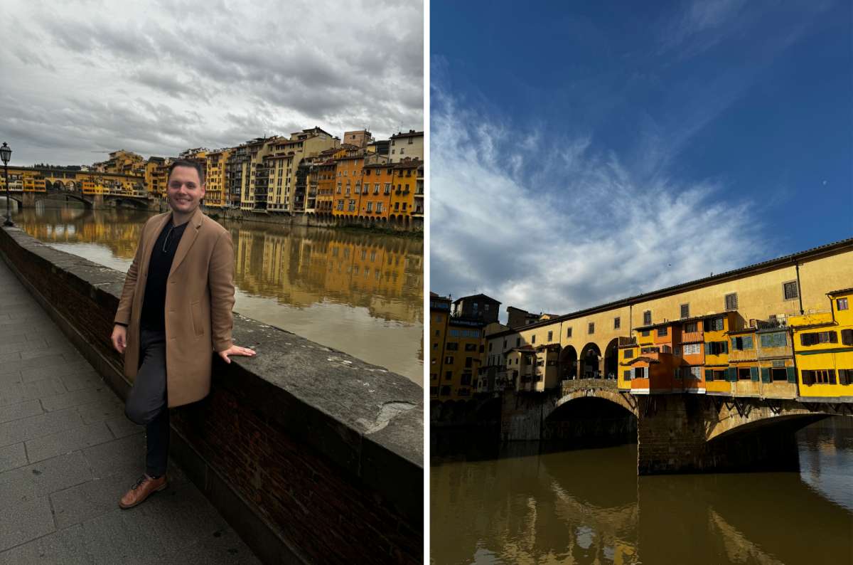Collage of Ponte Vecchio with a tourist by the Arno River and a close-up of the colorful shops on the bridge, Florence, Italy, photo by Next Level of Travel