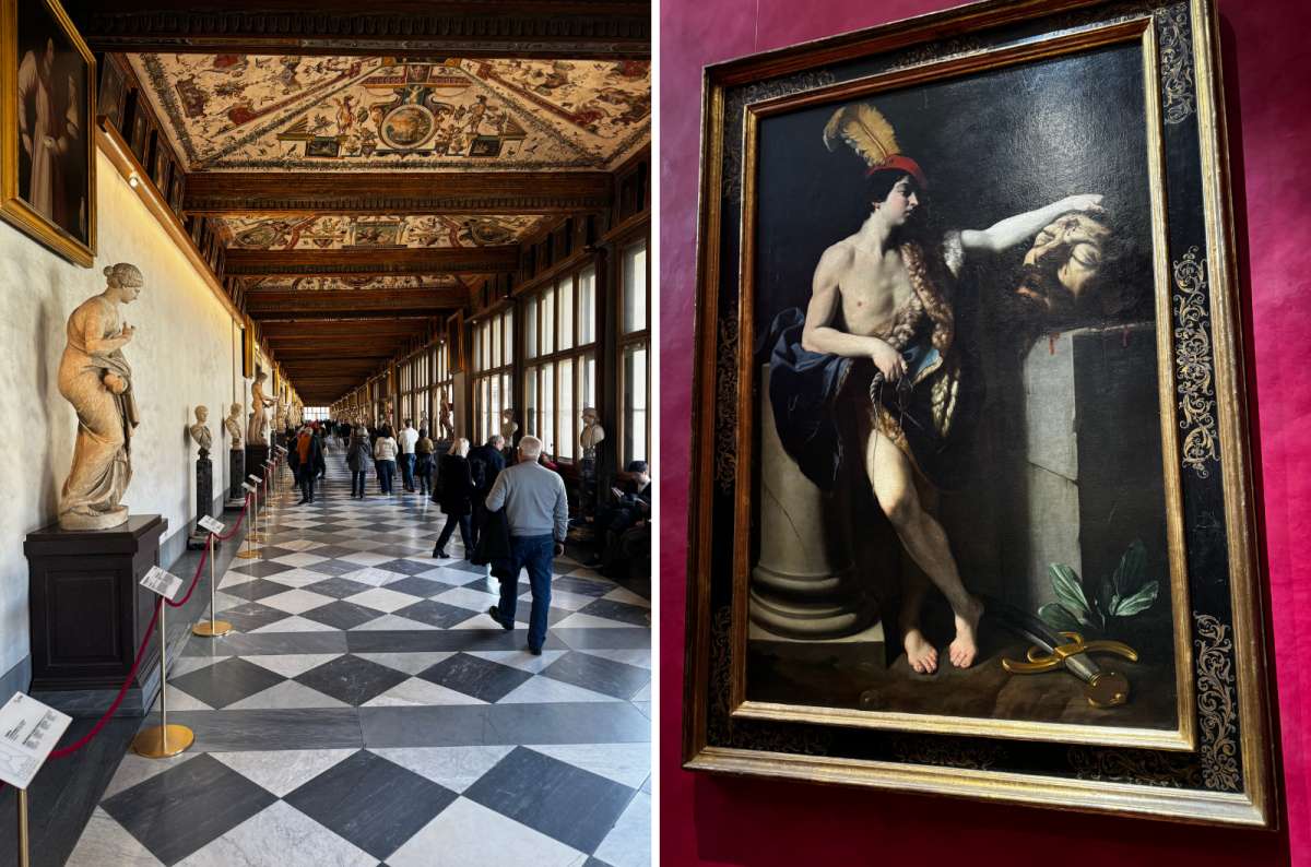 Collage of sculpture hallway and a dramatic painting in the Uffizi Gallery, Florence, Italy, photo by Next Level of Travel