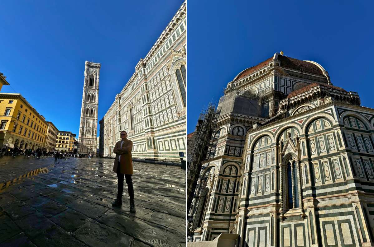 Collage of the Florence Cathedral and Giotto’s Bell Tower with a tourist on Piazza del Duomo, Florence, Italy, photo by Next Level of Travel