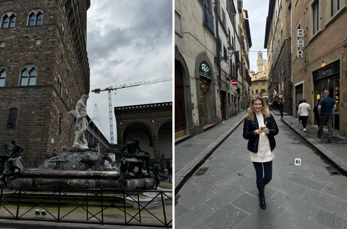 Collage of the Fountain of Neptune at Piazza della Signoria and a tourist enjoying gelato in Florence, Italy,  photo by Next Level of Travel