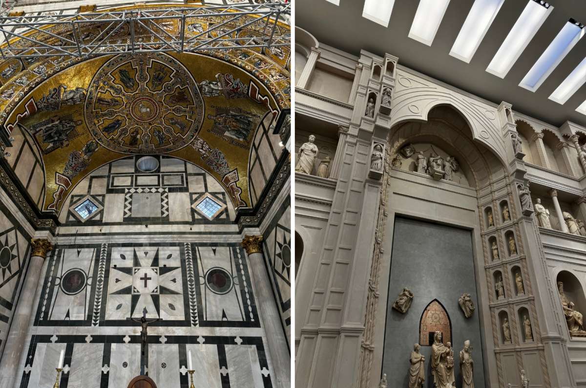 Collage of the golden mosaic ceiling inside the Baptistery of San Giovanni and original sculptures at the Museo dell’Opera del Duomo, Florence, Italy, photo by Next Level of Travel