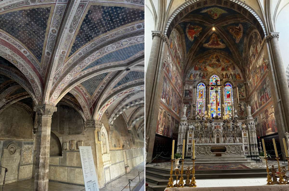 Collage of the star-painted vaulted cloister ceiling and the ornate main altar of Basilica di Santa Croce, Florence, Italy, photo by Next Level of Travel.