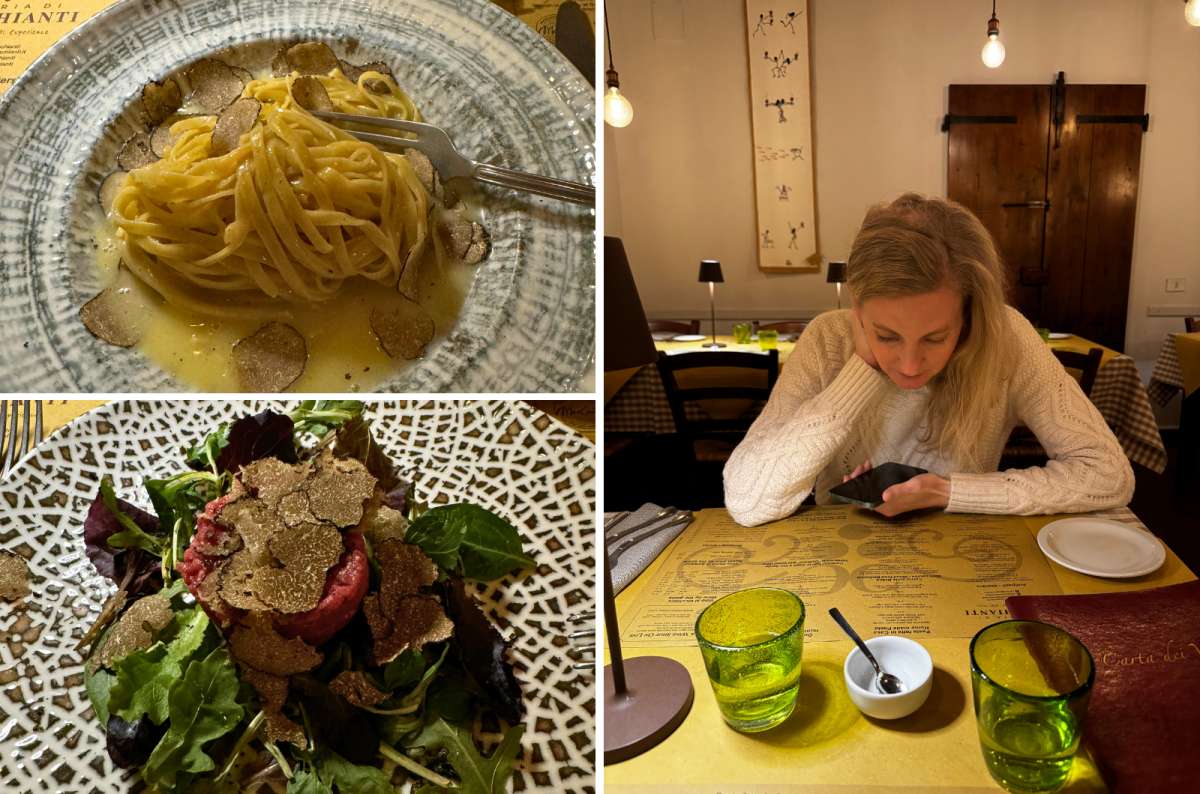 Collage of truffle pasta, beef tartare with truffles, and a tourist at Casa di Chianti restaurant in Florence, Italy, photo by Next Level of Travel