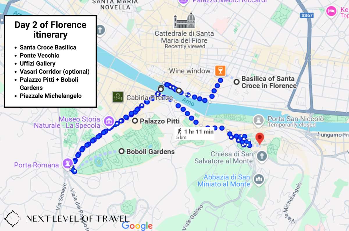 Florence walking route for Day 2 with landmarks like Uffizi Gallery, Ponte Vecchio, and Piazzale Michelangelo, created by Next Level of Travel