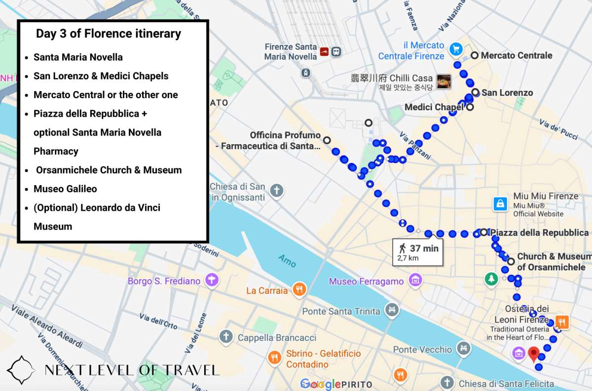 Florence walking route for Day 3 of the itinerary, including lesser-known sights like Museo Galileo, San Lorenzo, and Officina Profumo-Farmaceutica, created by Next Level of Travel