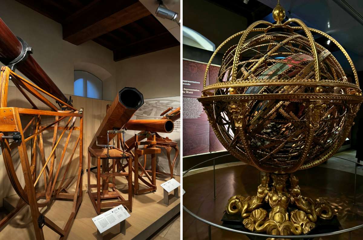 Historical telescopes and an ornate armillary sphere on display at Museo Galileo, Florence, Italy, photo by Next Level of Travel