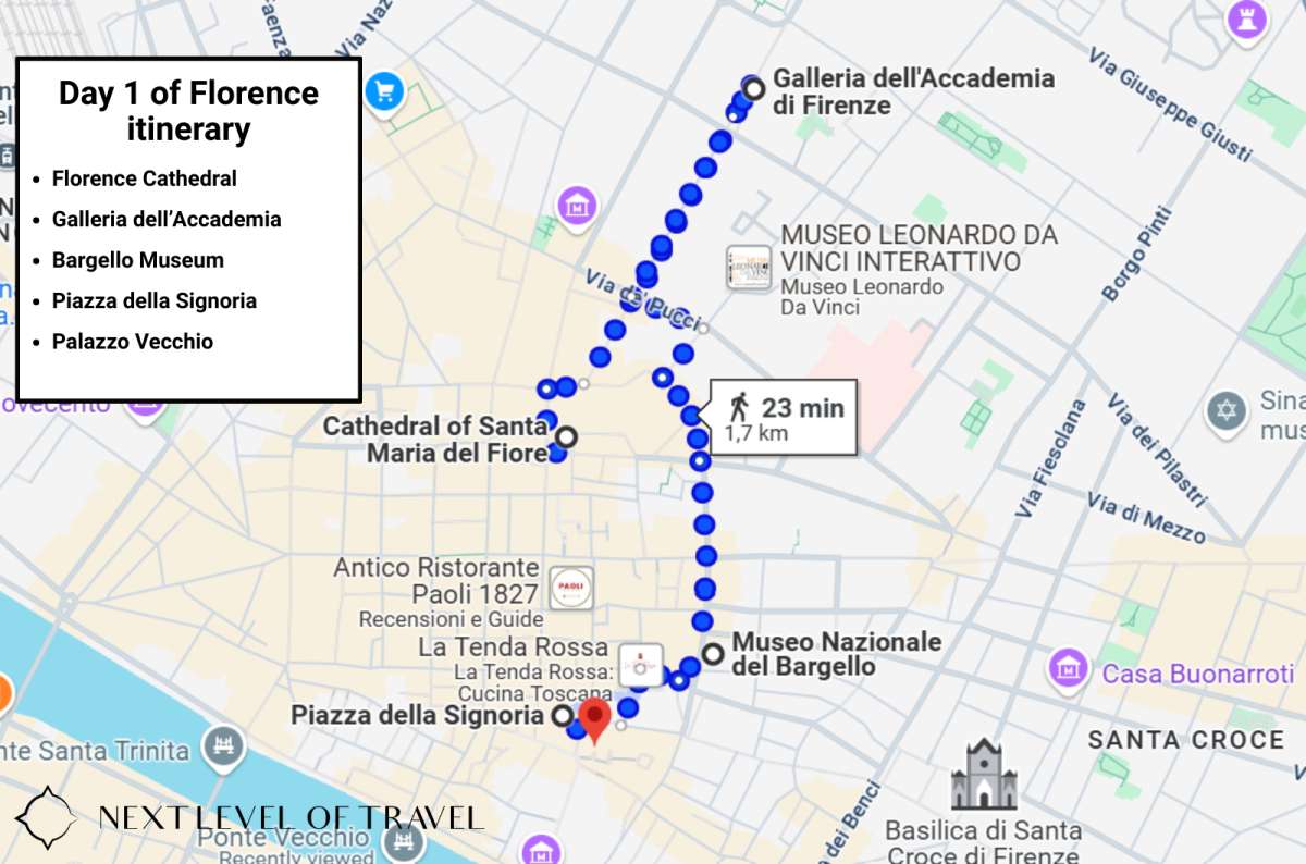 Map of Day 1 walking route through Florence’s top landmarks including the Duomo, Galleria dell’Accademia, Bargello Museum, and Palazzo Vecchio, photo by Next Level of Travel