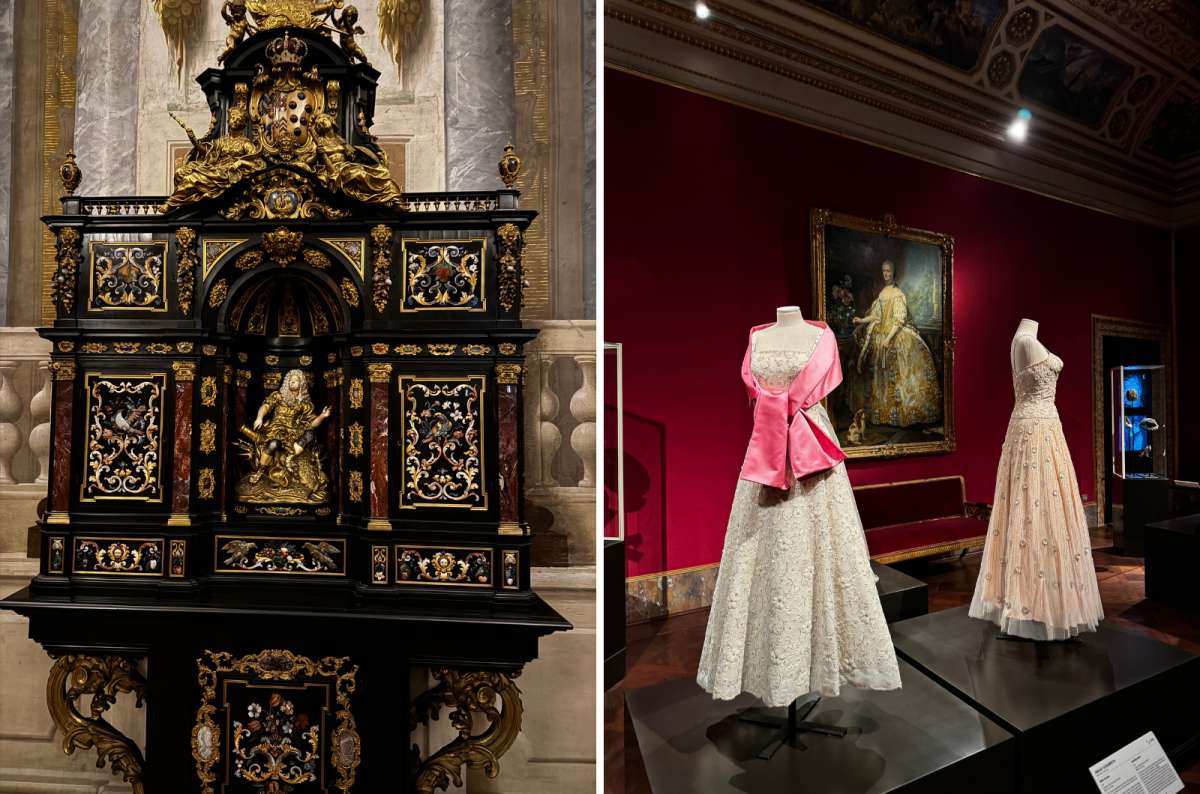 Ornate baroque cabinet and a display of vintage gowns in Pitti Palace, Florence, Italy, photo by Next Level of Travel