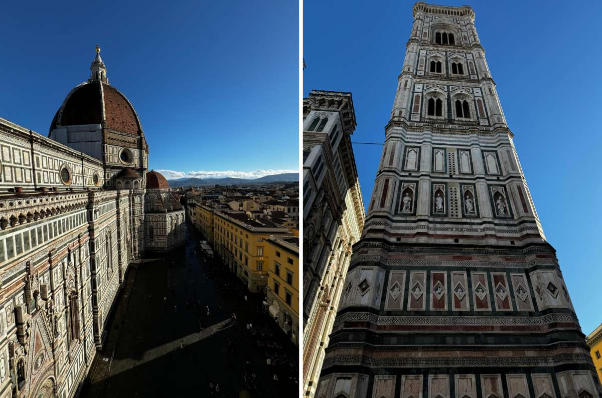 View up the ornate marble façade of Giotto’s Bell Tower from its internal stairwell, Giotto’s Campanile, Piazza del Duomo, Florence, Italy, photo by Next Level of Travel