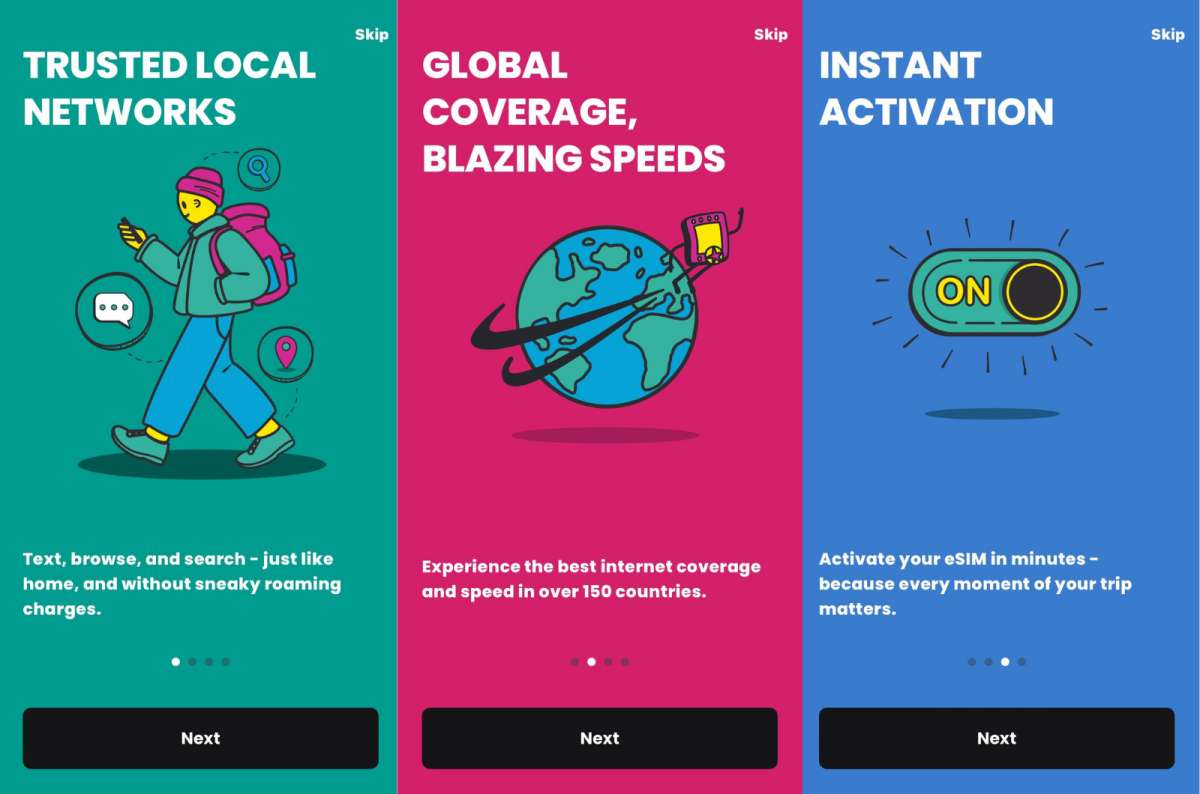 Colorful eSIM app screens showing trusted local networks, global coverage in over 150 countries, and instant activation features