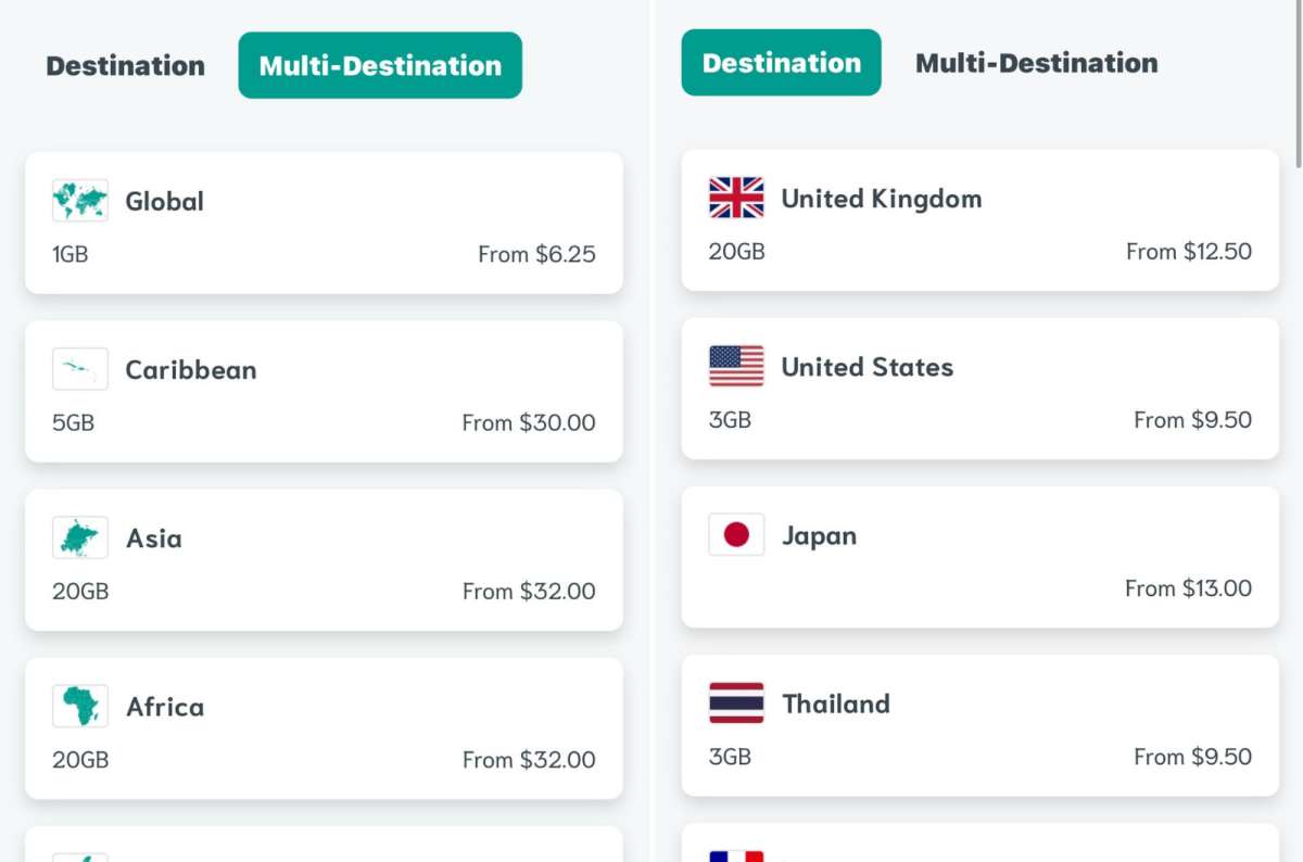 eSIM app price list showing global, regional, and country-specific data plans with flexible options starting from .25