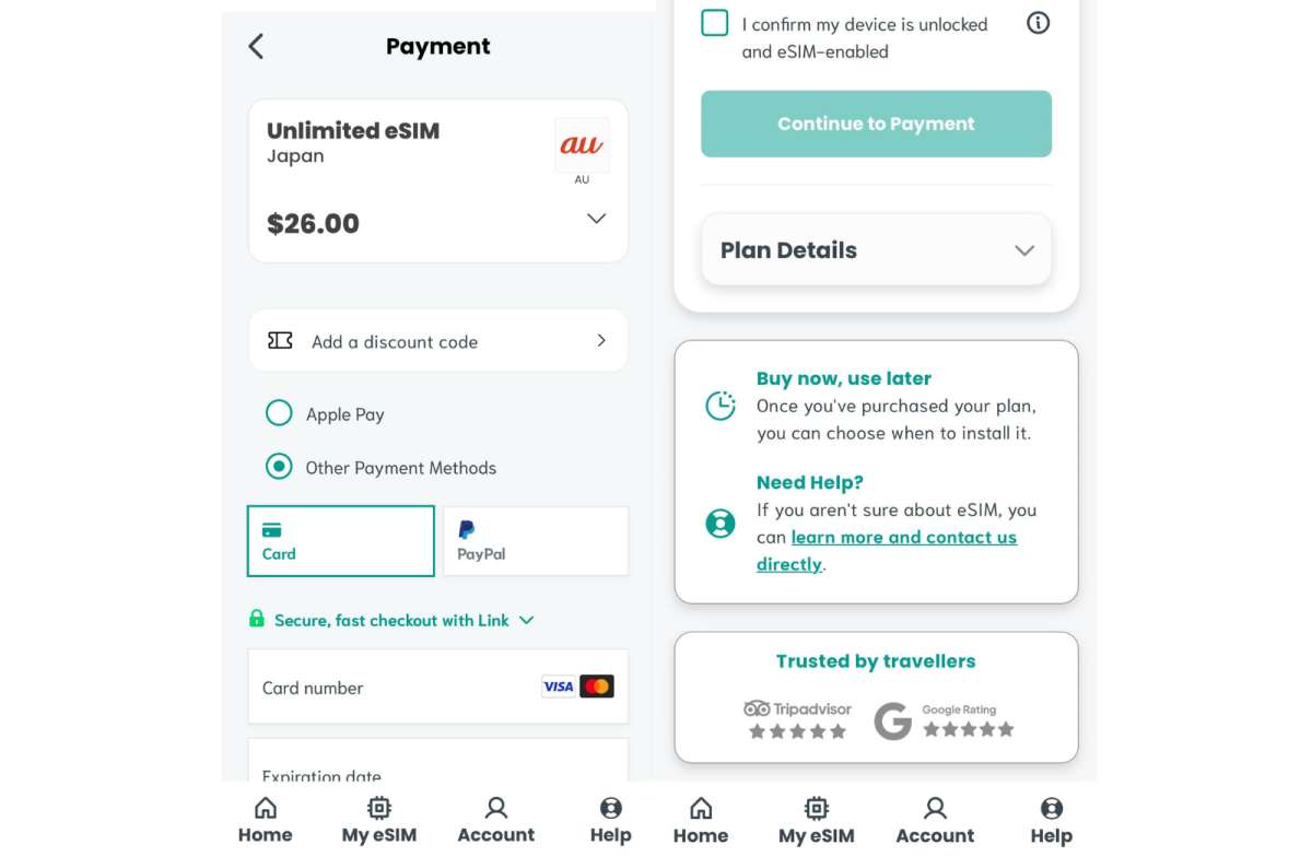 Sim Local app payment screen showing multiple payment methods, option to add discount code, and buy now use later feature