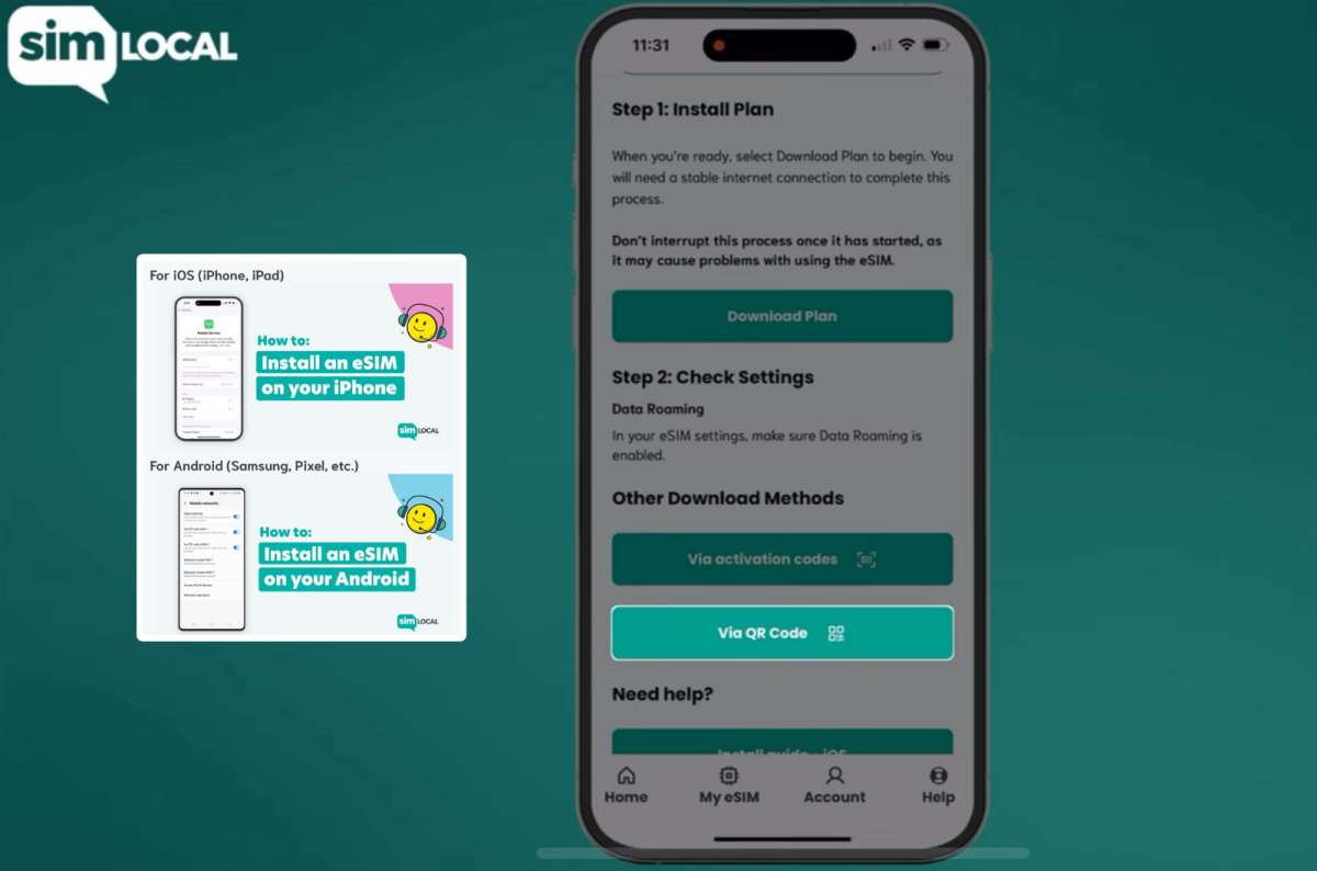 Sim Local app showing simple eSIM installation steps with separate guides for iPhone and Android