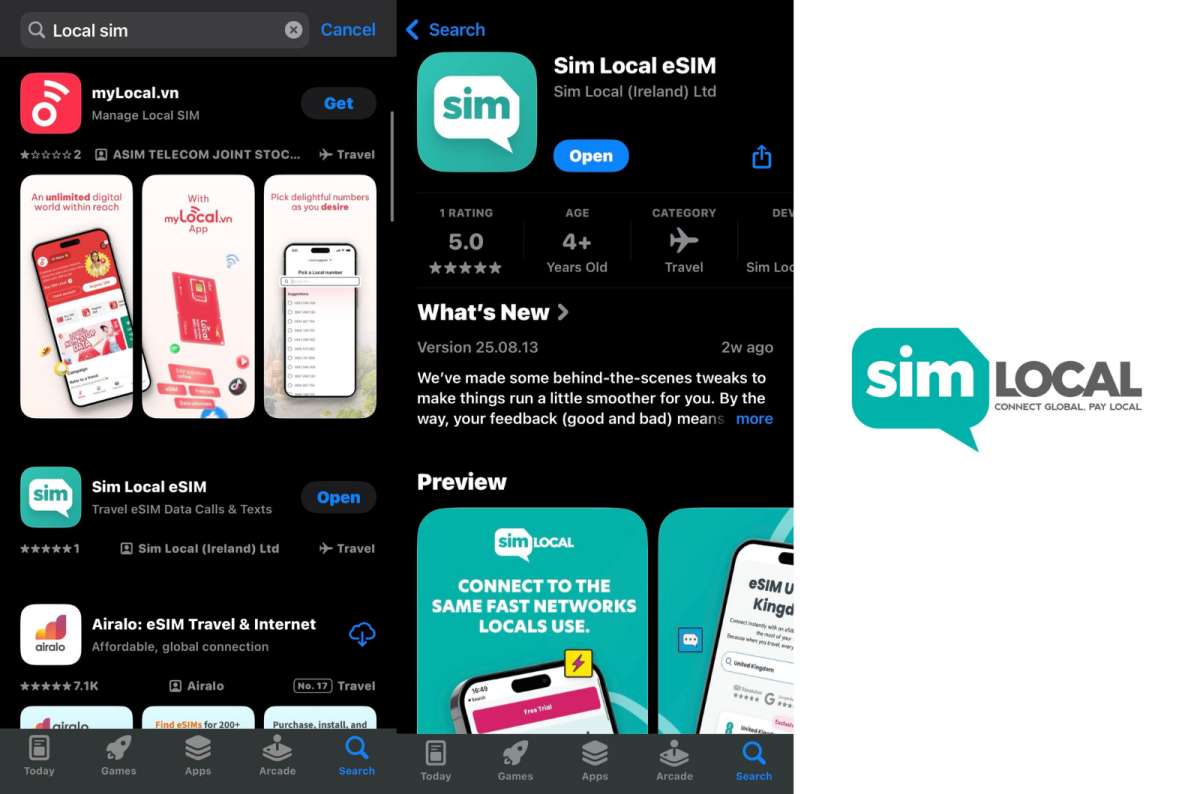 Sim Local eSIM app shown in the App Store with 5-star rating and preview screens, alongside the Sim Local logo
