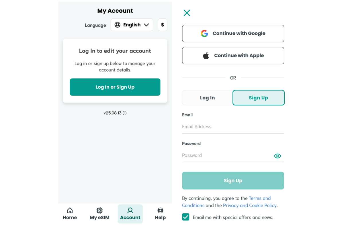 the Sim Local app showing simple account login and sign-up options with Google, Apple, or email