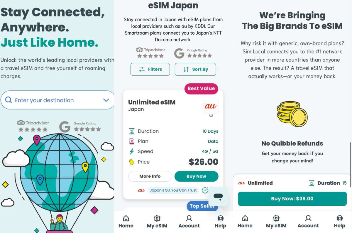 UX design of the Sim Local app showing destination search, Japan unlimited eSIM plan for , and a no-quibble refund guarantee