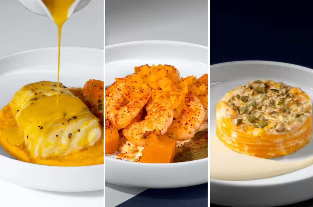 Three gourmet airline dishes plated in white bowls, including fish with sauce, spiced shrimp with diced vegetables, and a savory vegetable tart