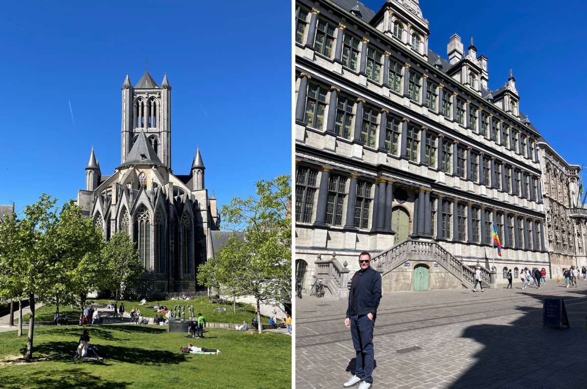 Collage of Gothic Saint Nicholas' Church in Ghent, Belgium, and Historic Stadhuis (City Hall), photo by Next Level of Travel.