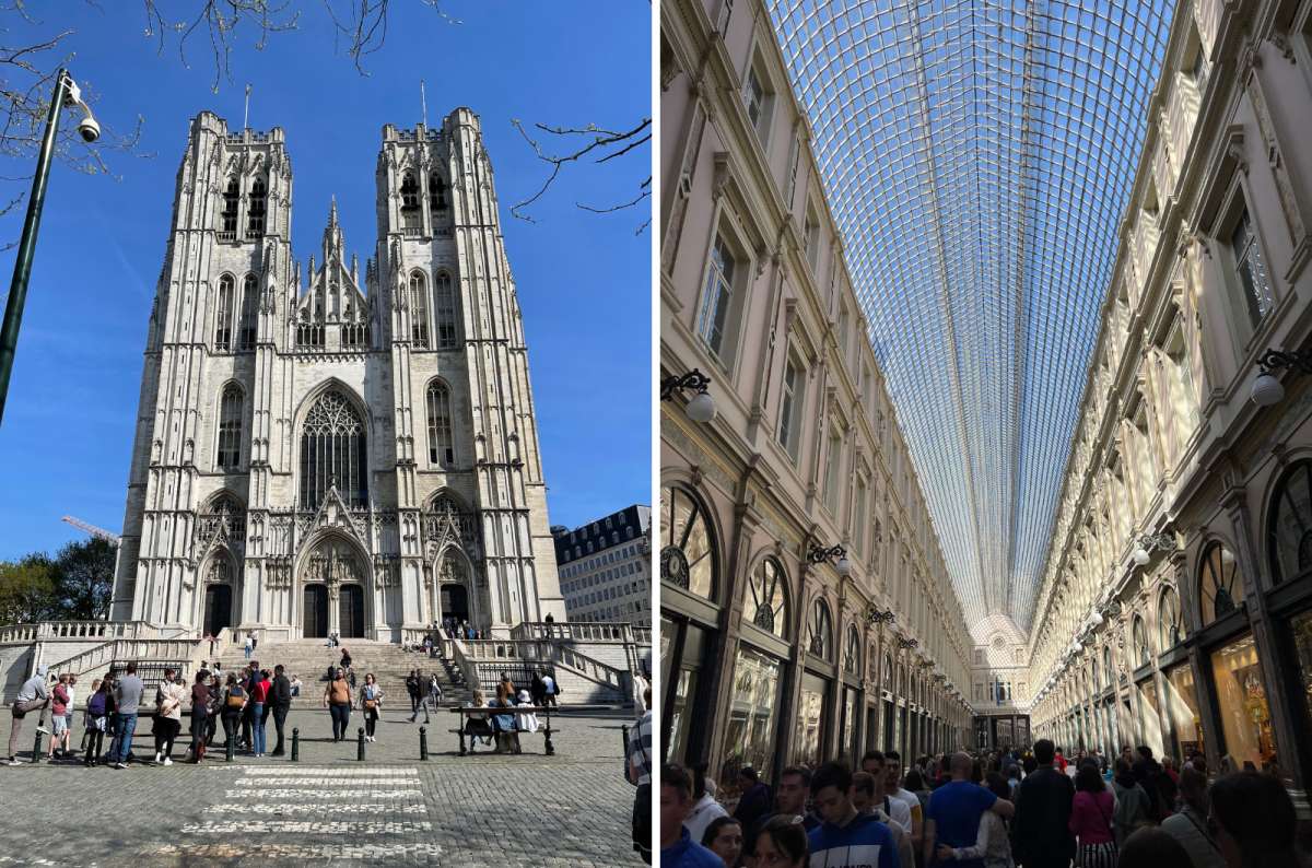 Collage of St. Michael and St. Gudula Cathedral and Glass-roofed Galeries Royales Saint-Hubert, photo by Next Level of Travel.