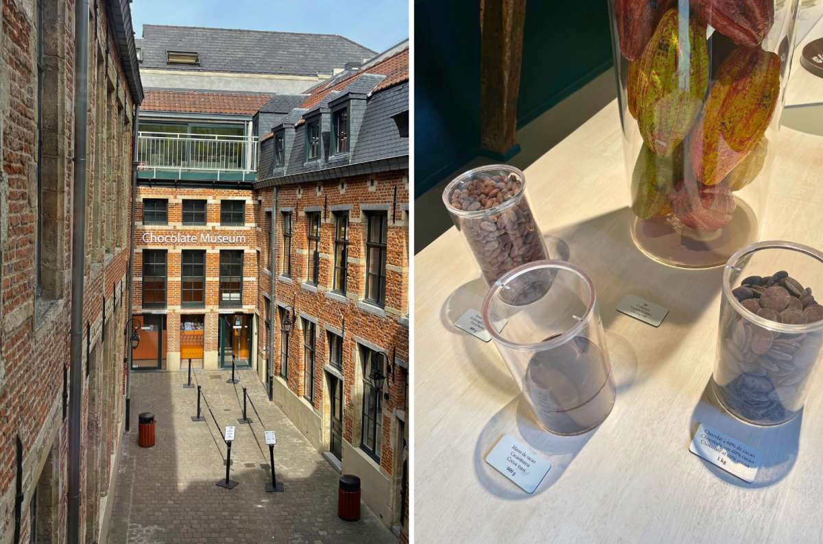 Entrance to Choco-Story Brussels and a close-up of cacao products on display, photo by Next Level of Travel