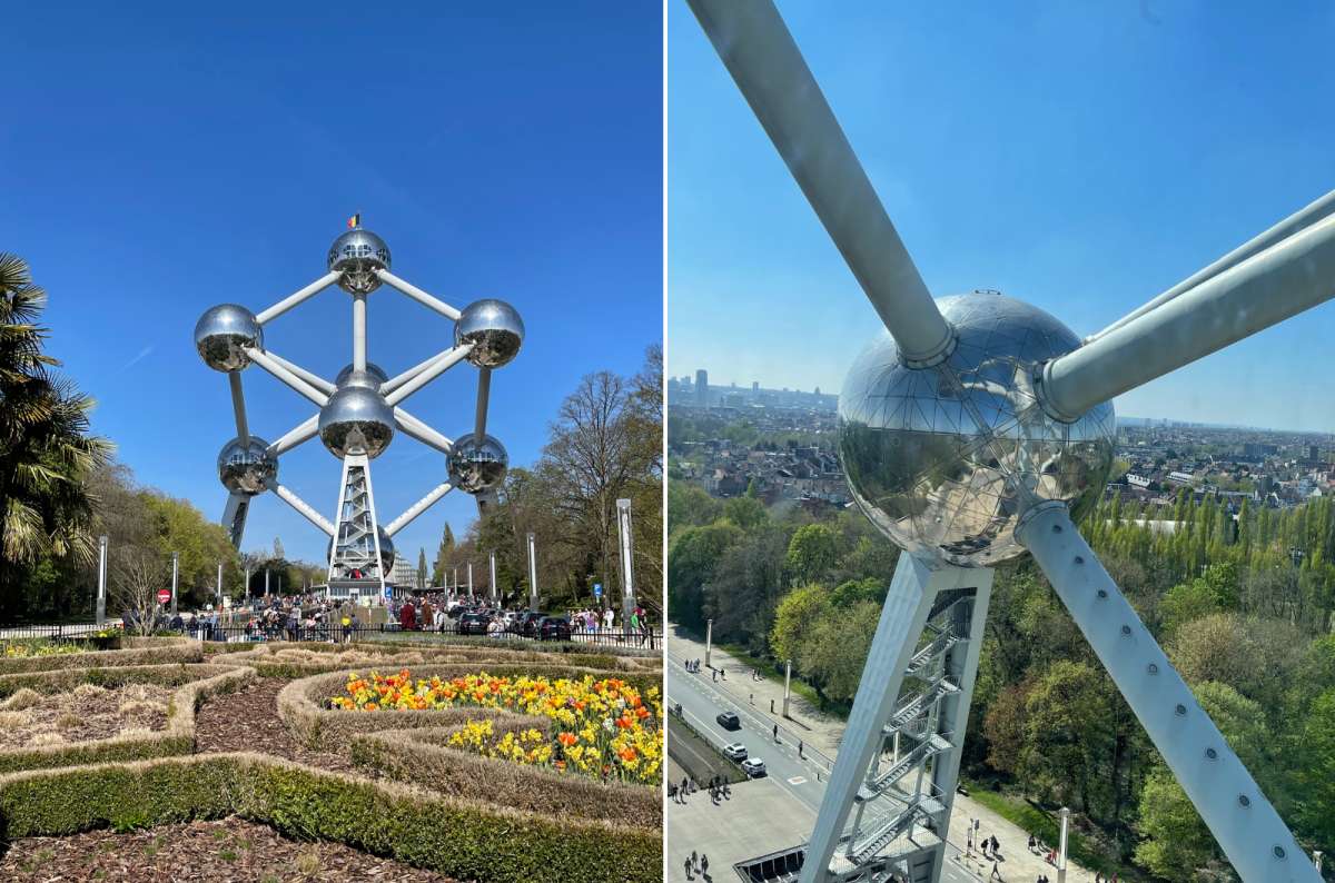 Exterior and interior views of the Atomium in Brussels, Belgium, with cityscape and gardens, photo by Next Level of Travel