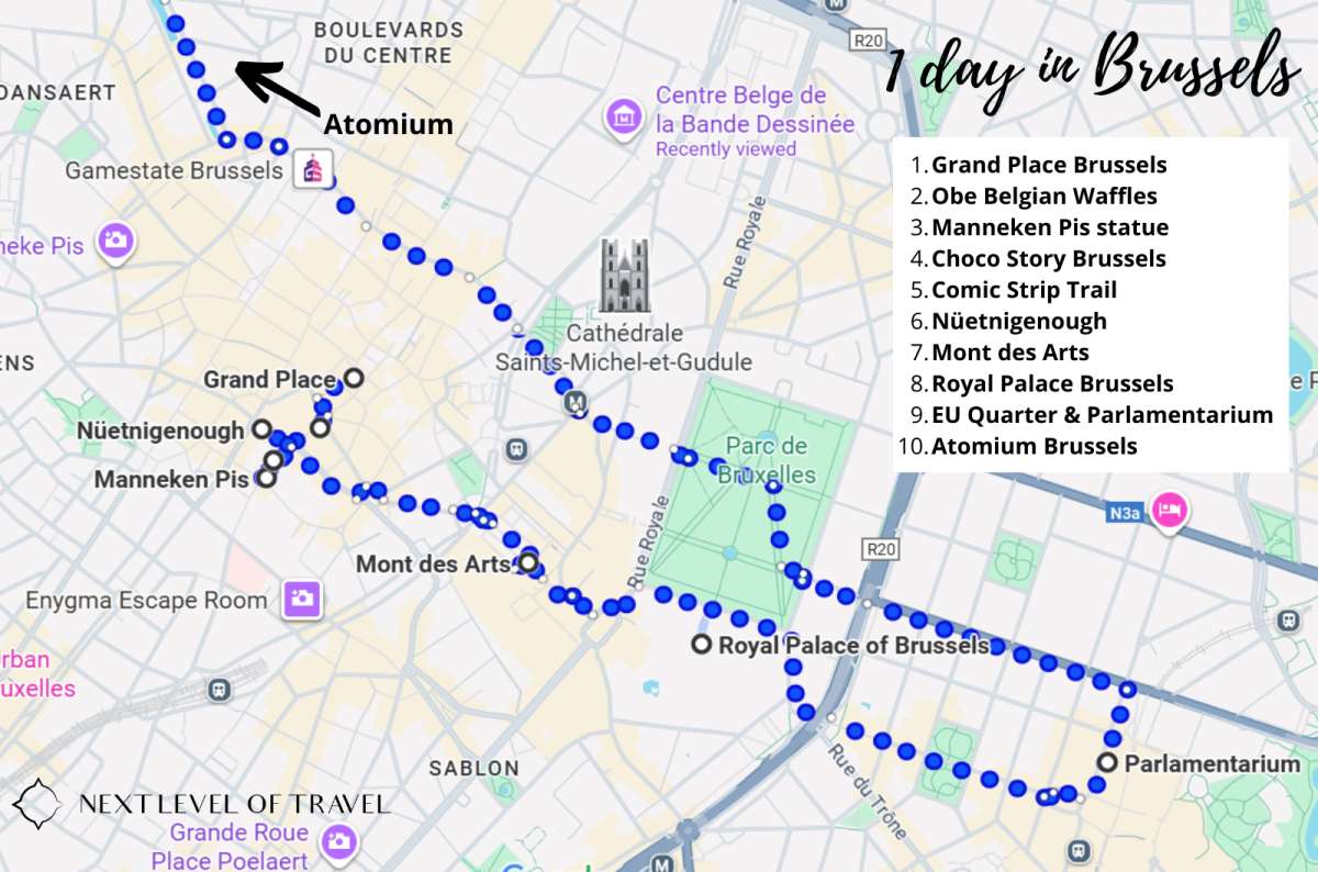 Map of central Brussels with a marked walking route and ten tourist attractions labeled for a one-day itinerary, including Atomium, Grand Place, and the Royal Palace, created by Next Level of Travel