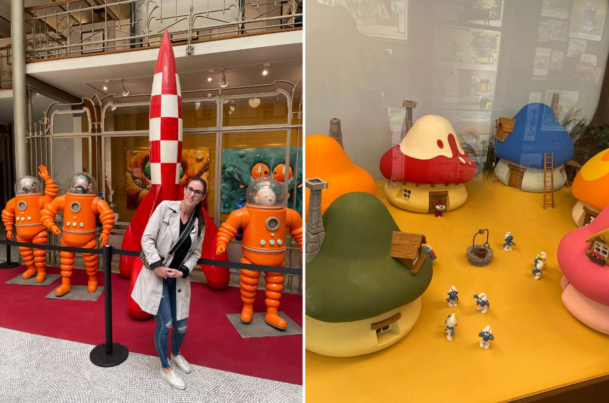 Tintin rocket and astronaut figures, and a Smurf village diorama at the Comic Art Museum in Brussels, Belgium, photo by Next Level of Travel