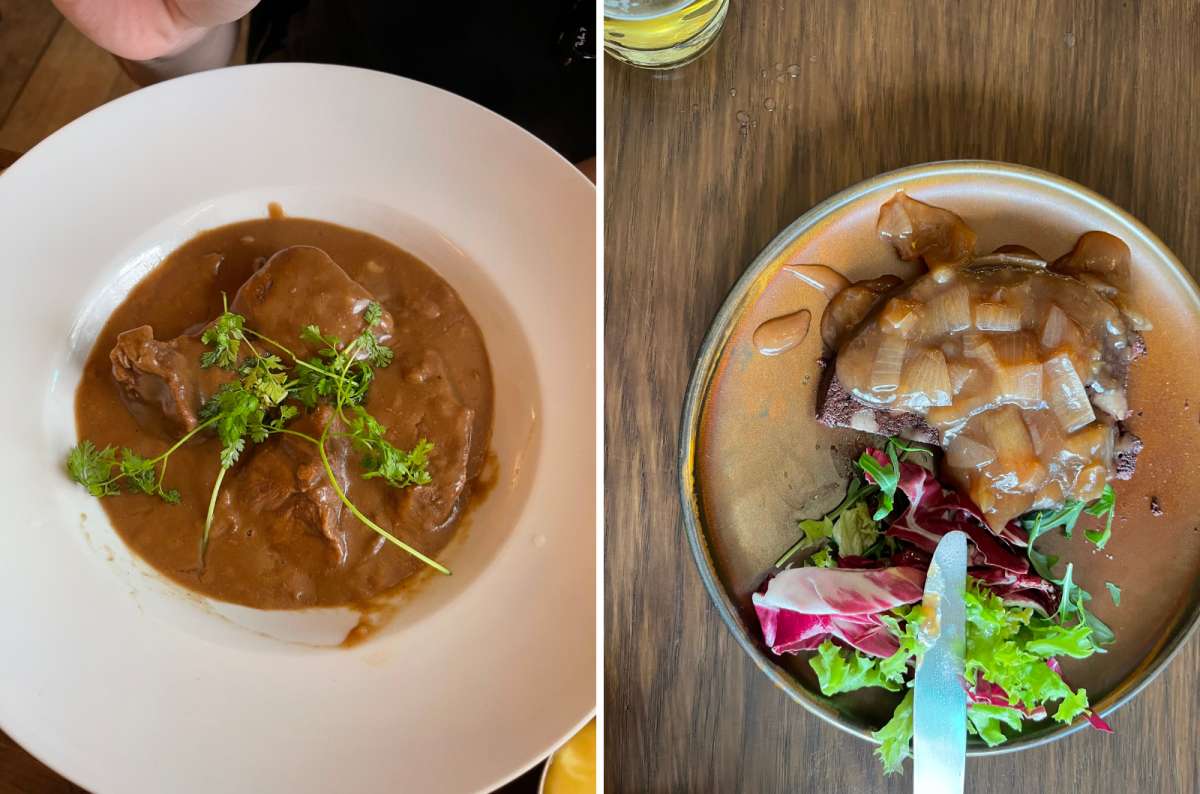 Traditional Belgian dishes including beef stew in beer sauce and a slice of bread with onion gravy and salad, photo by Next Level of Travel