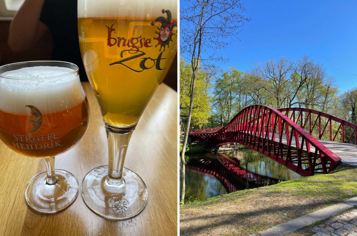 Close-up of two Belgian beers (Straffe Hendrik and Brugse Zot) and a red wavy bridge over a canal in Bruges, Belgium, ohoto by Next Level of Travel